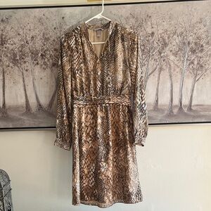 H&M Brown Snake-Print Long Sleeve V-Neck Dress